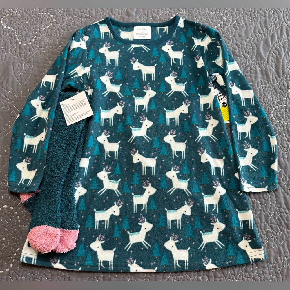 Okie Dokie Toddler Girls Teal Fleece Nightgown/Sock Set NWT Size 4T